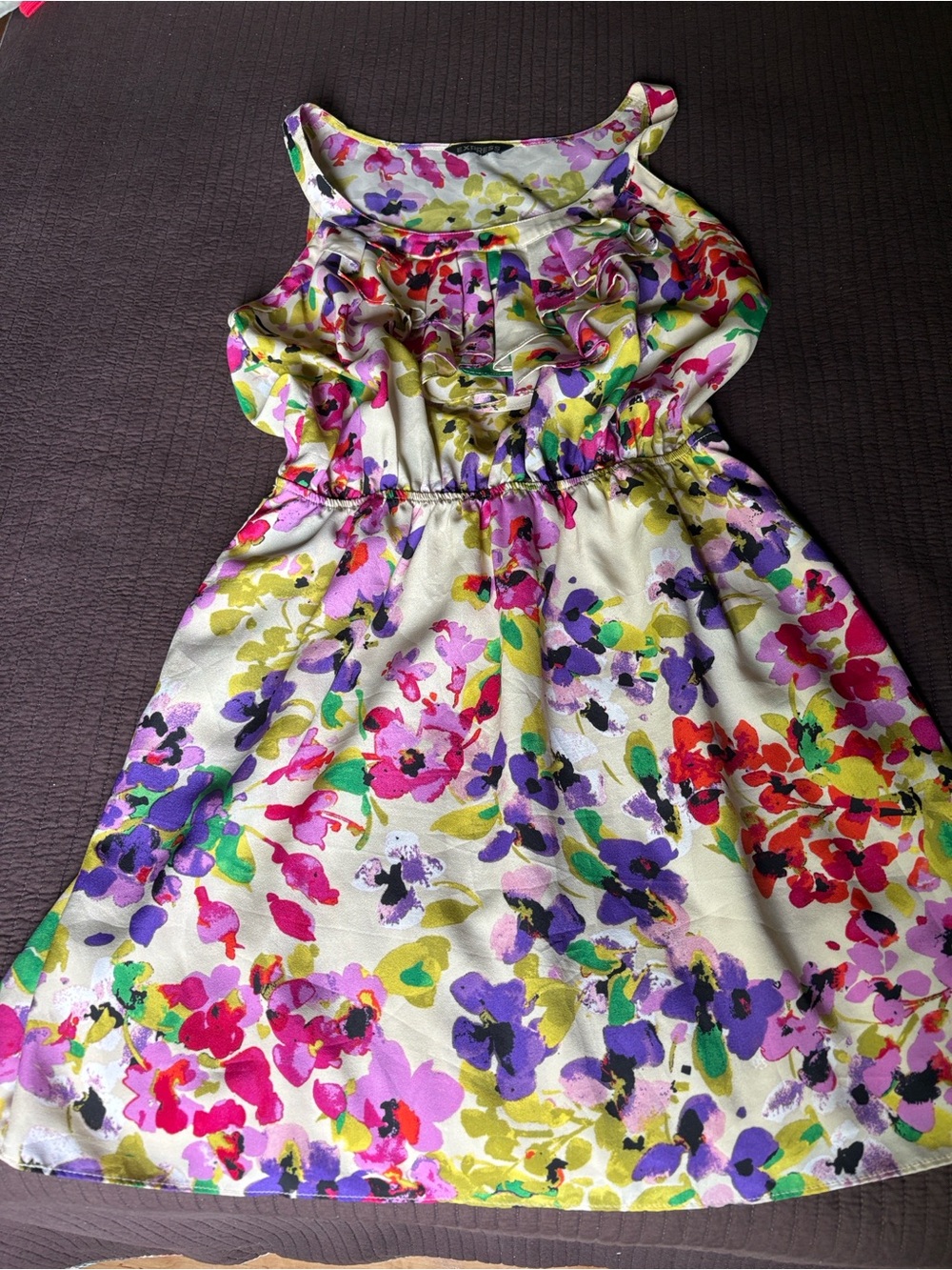 Express Women’s Floral Ruffle Dress in White, Pink, Purple, Green